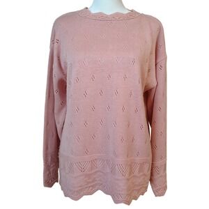 Vintage Ellen D Sweater Womens Medium  ‎ Pink Open Knit Stitch Scalloped Trim